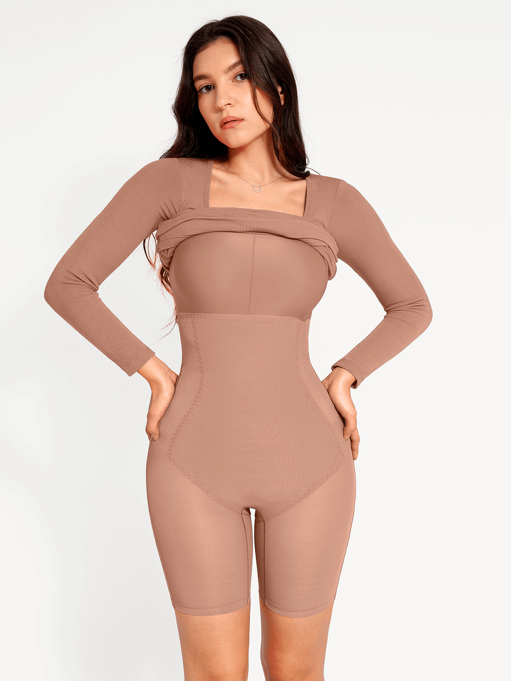 Shapewear Square Neck Long Sleeve Modal Slimming Midi Dress