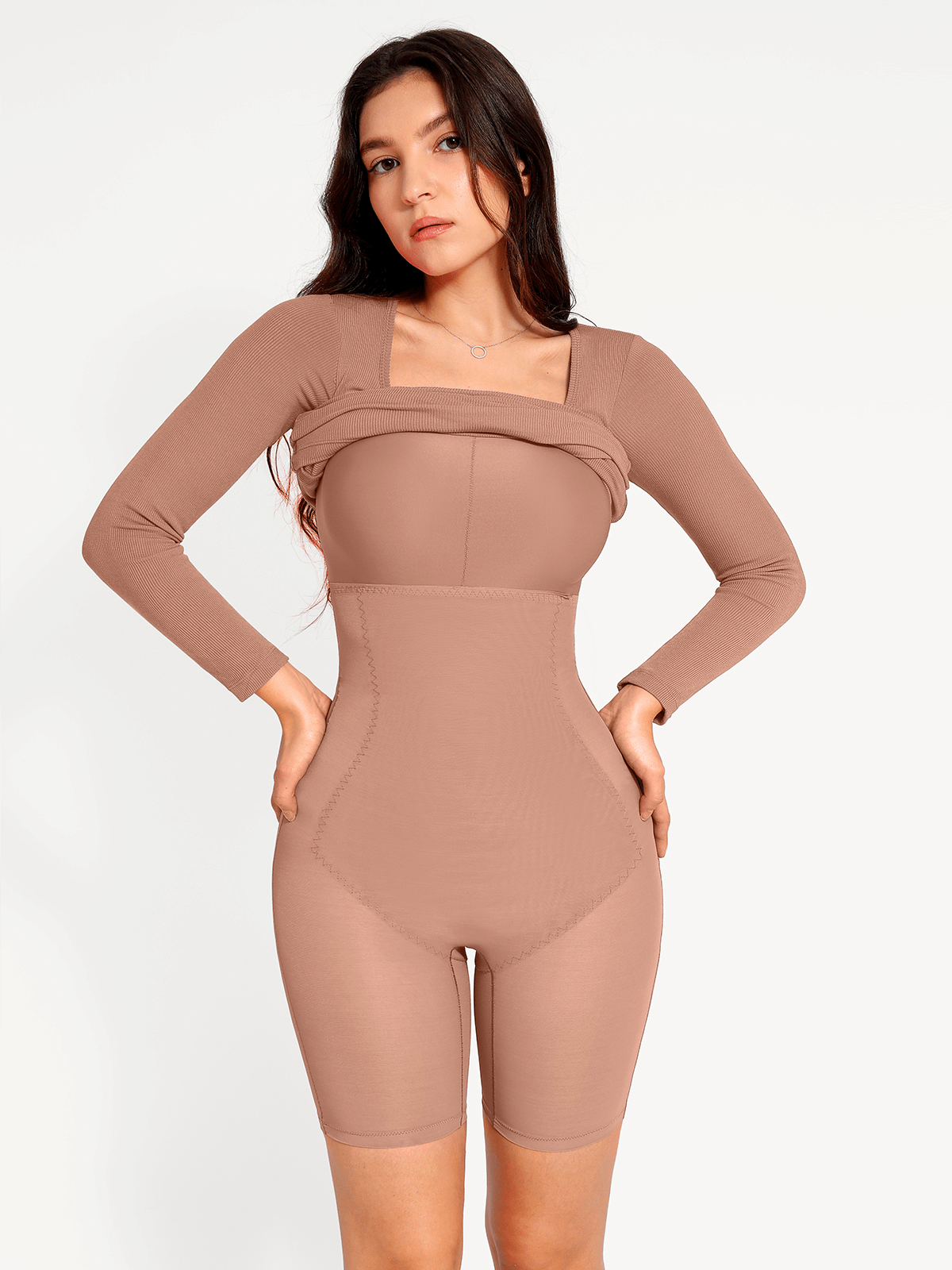 Shapewear Square Neck Long Sleeve Modal Slimming Midi Dress