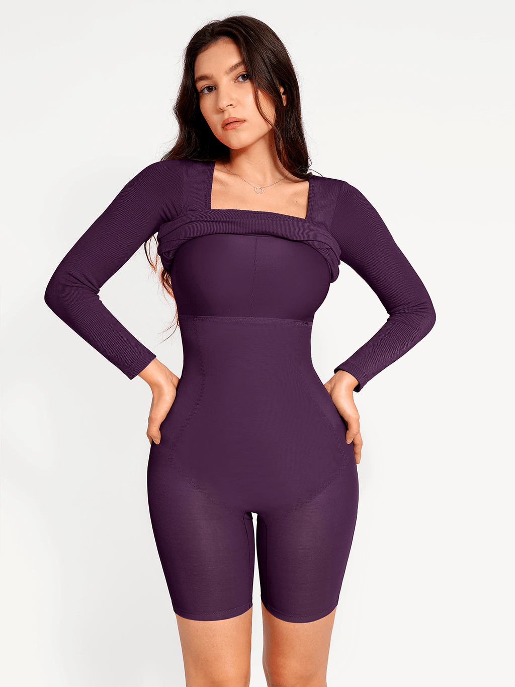 Shapewear Square Neck Long Sleeve Modal Slimming Midi Dress