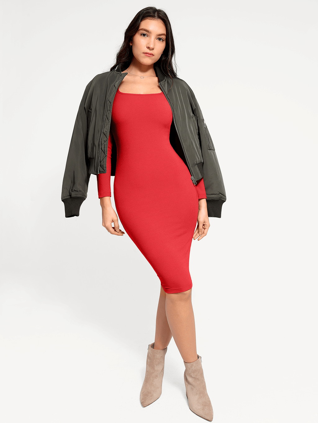 Shapewear Square Neck Long Sleeve Modal Slimming Midi Dress