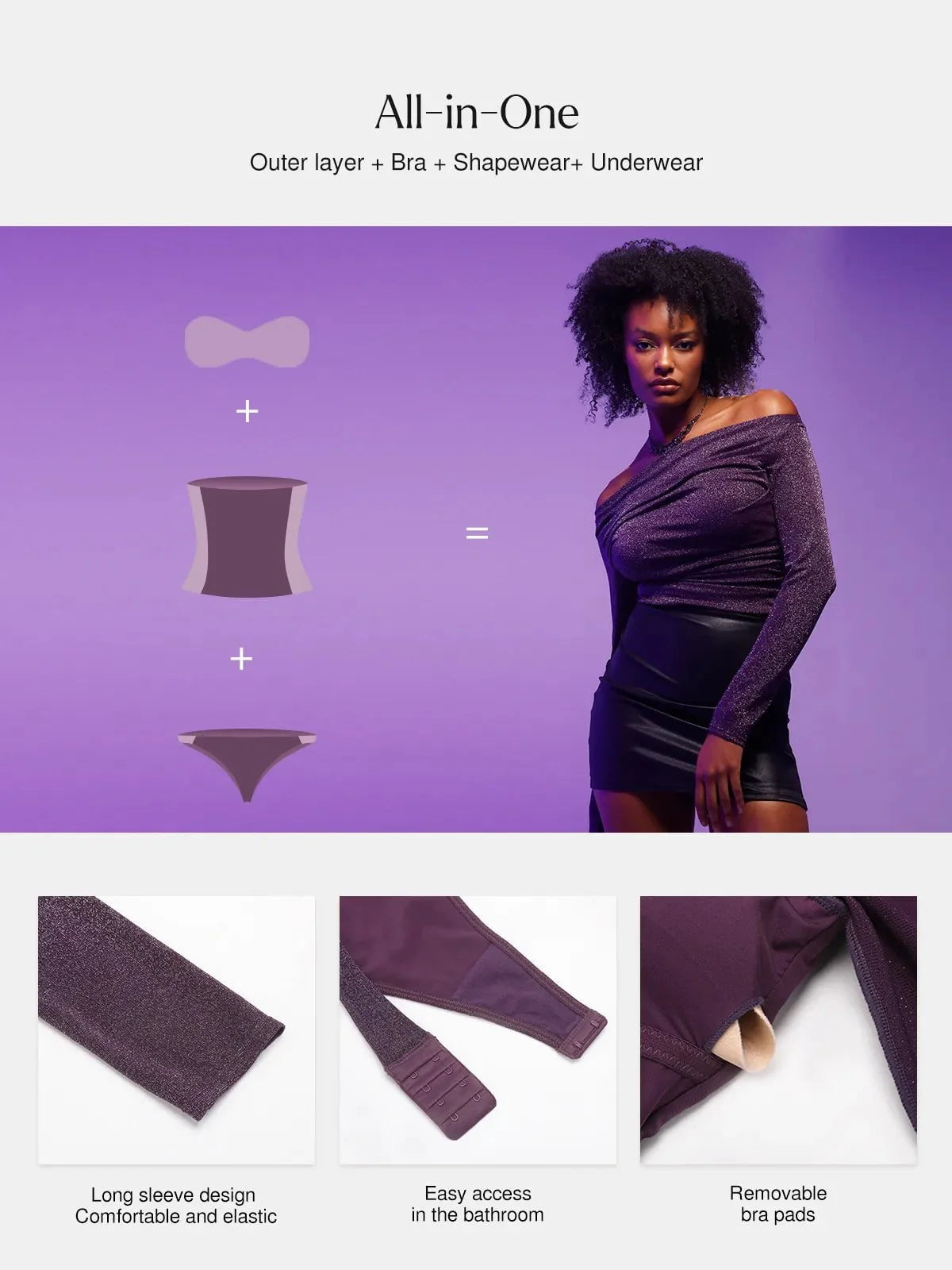 Shapewear Metallic Knit Long Sleeve Slimming Bodysuit