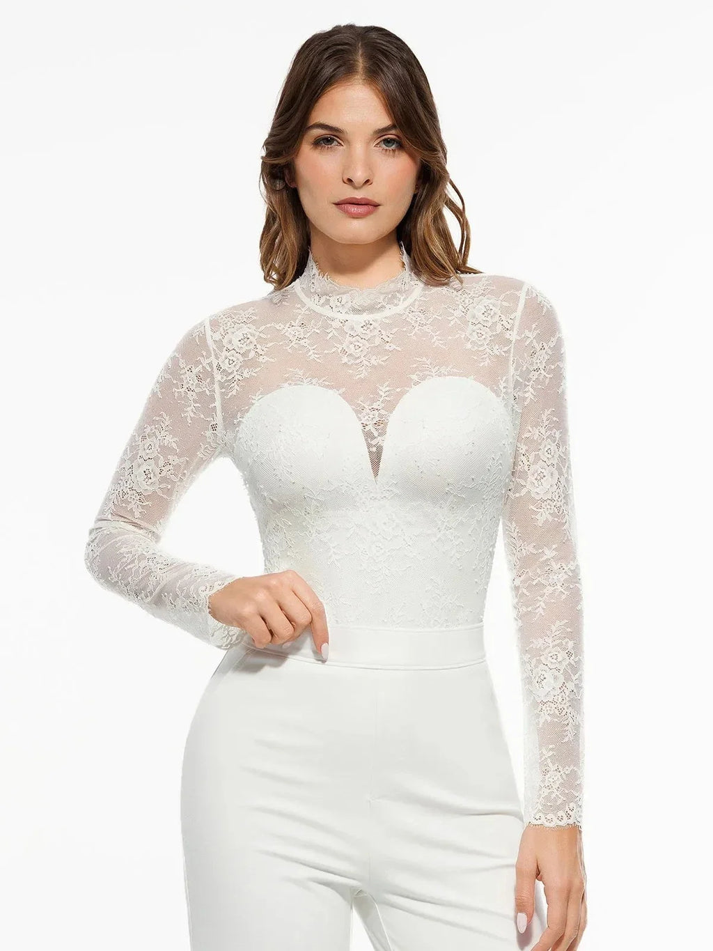 Shapewear Mock Neck Long Sleeve Floral Lace Bodysuit