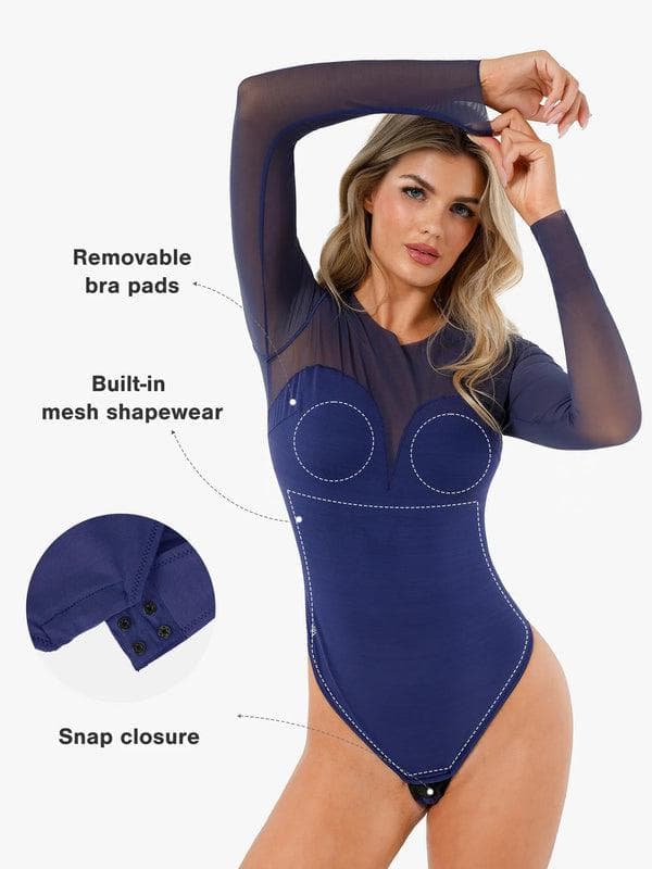 Shapewear Mock Neck Long Sleeve Floral Lace Bodysuit