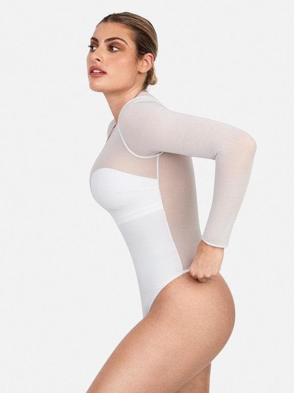 Shapewear Mock Neck Long Sleeve Floral Lace Bodysuit