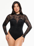 Shapewear Mock Neck Long Sleeve Floral Lace Bodysuit