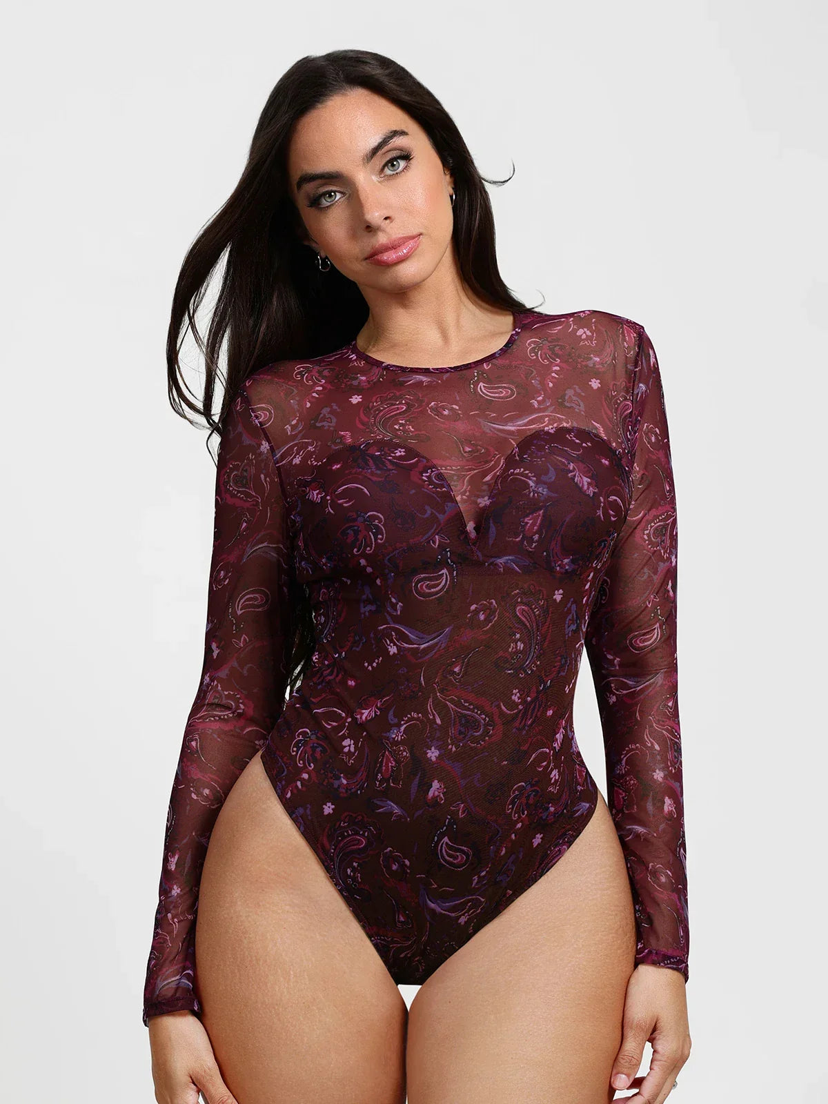Shapewear Paisley Mesh Long Sleeve Sweetheart Bodysuit