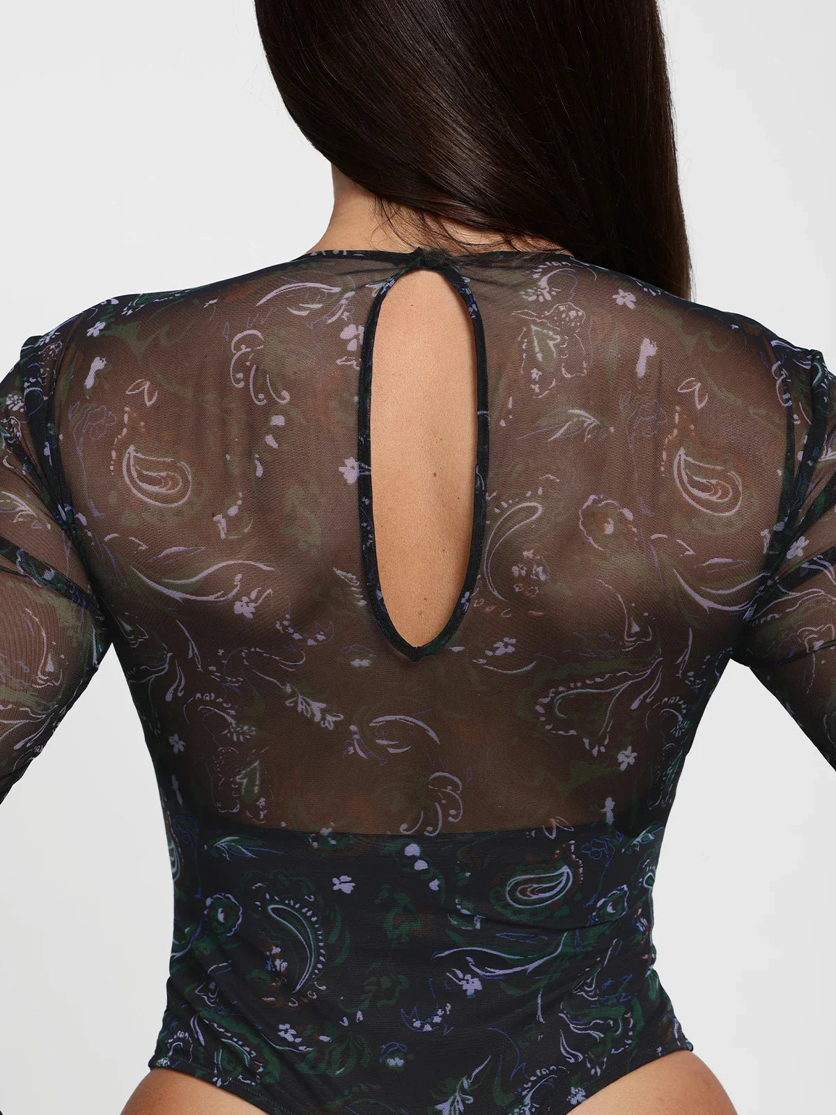 Shapewear Paisley Mesh Long Sleeve Sweetheart Bodysuit