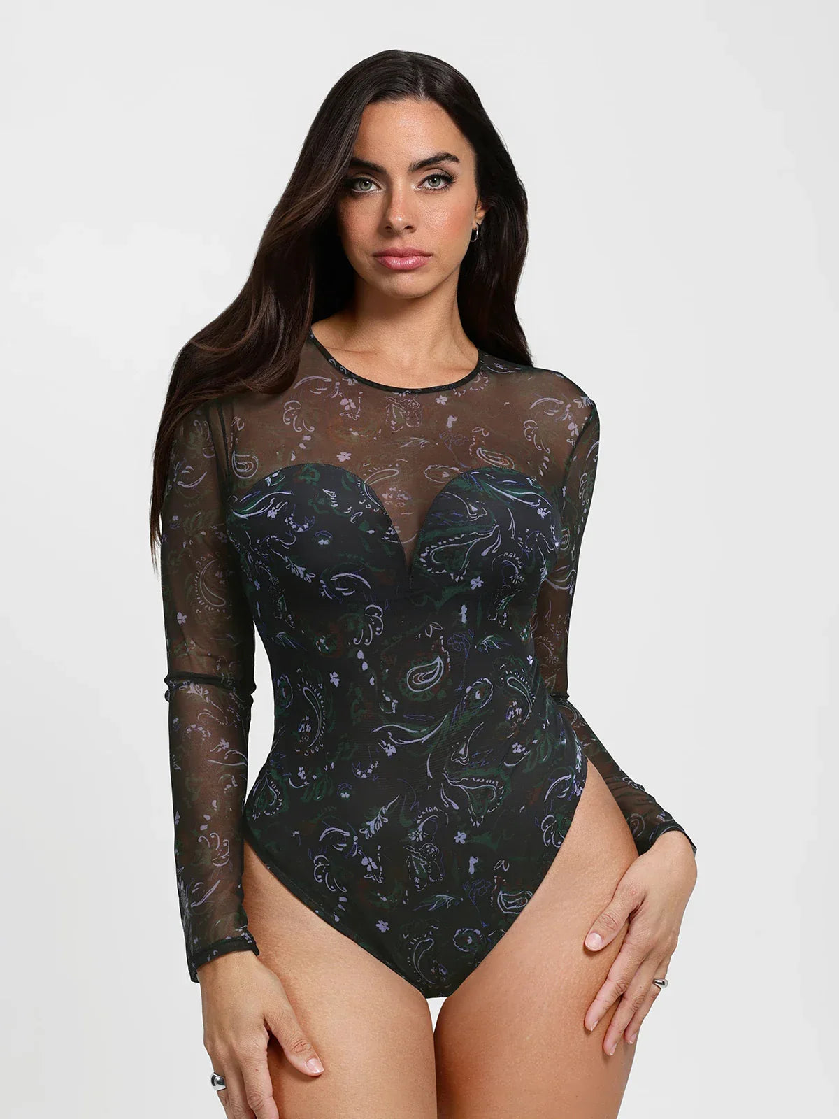 Shapewear Paisley Mesh Long Sleeve Sweetheart Bodysuit