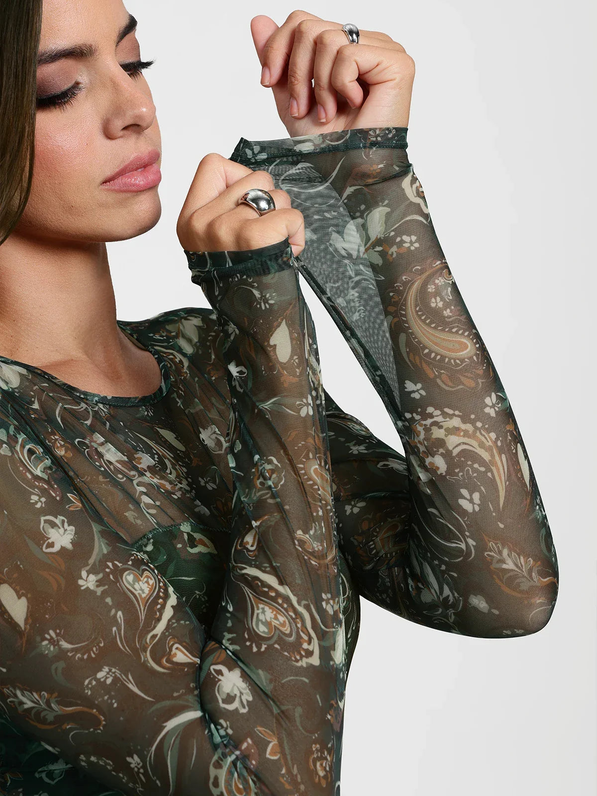Shapewear Paisley Mesh Long Sleeve Sweetheart Bodysuit