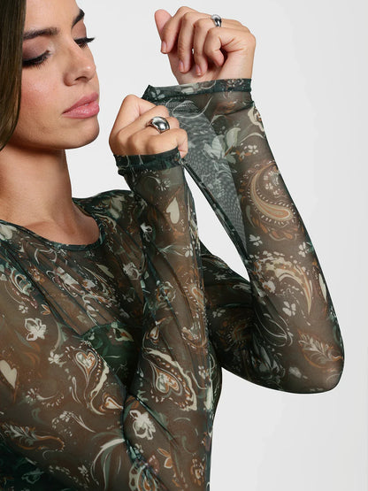 Shapewear Paisley Mesh Long Sleeve Sweetheart Bodysuit