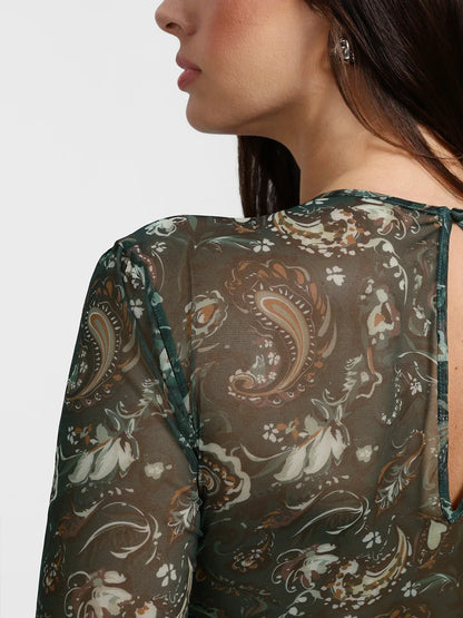 Shapewear Paisley Mesh Long Sleeve Sweetheart Bodysuit
