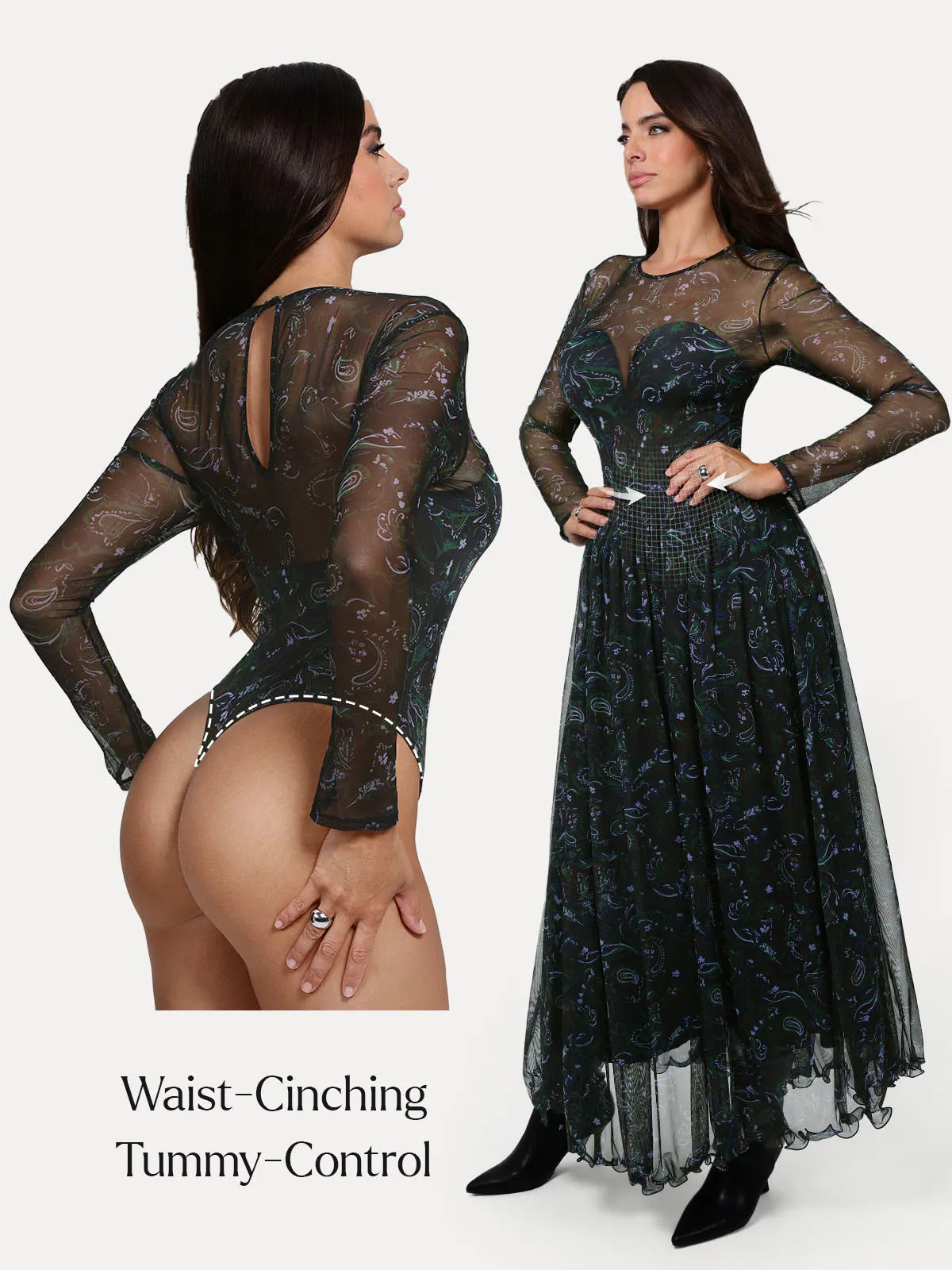 Shapewear Paisley Mesh Long Sleeve Sweetheart Bodysuit