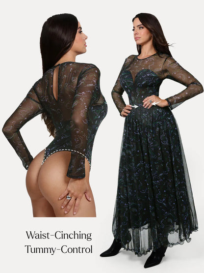 Shapewear Paisley Mesh Long Sleeve Sweetheart Bodysuit