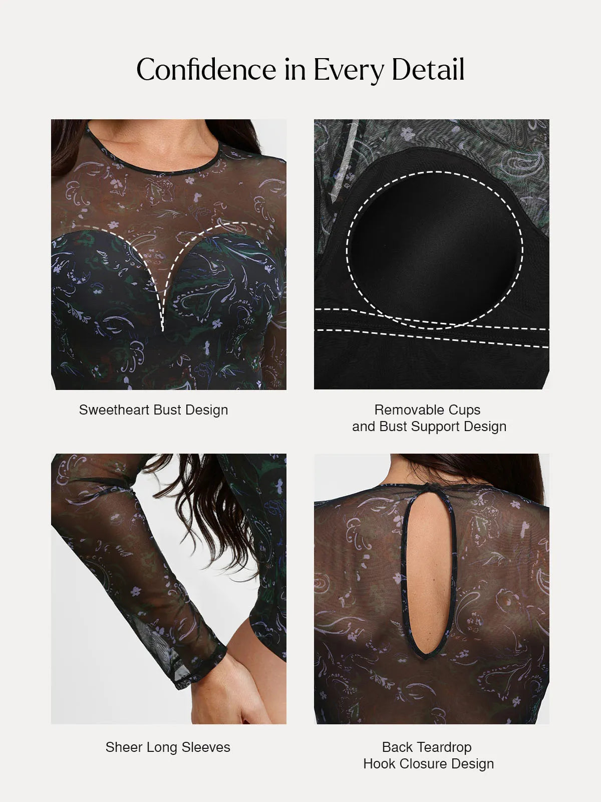 Shapewear Paisley Mesh Long Sleeve Sweetheart Bodysuit