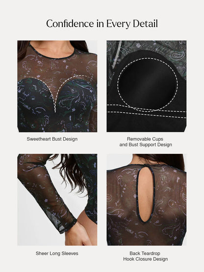 Shapewear Paisley Mesh Long Sleeve Sweetheart Bodysuit