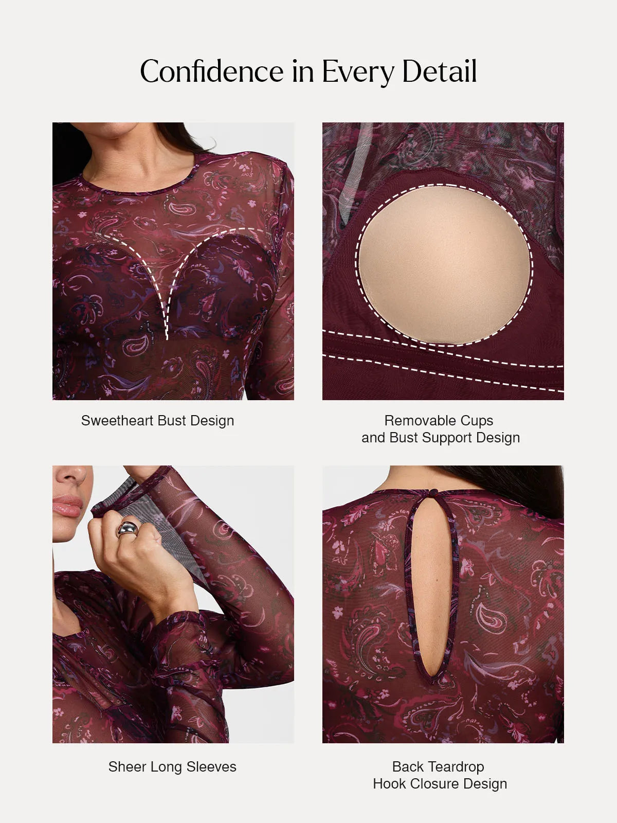 Shapewear Paisley Mesh Long Sleeve Sweetheart Bodysuit