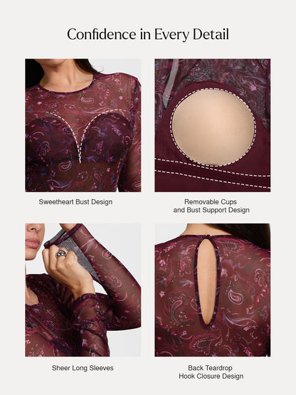 Shapewear Paisley Mesh Long Sleeve Sweetheart Bodysuit