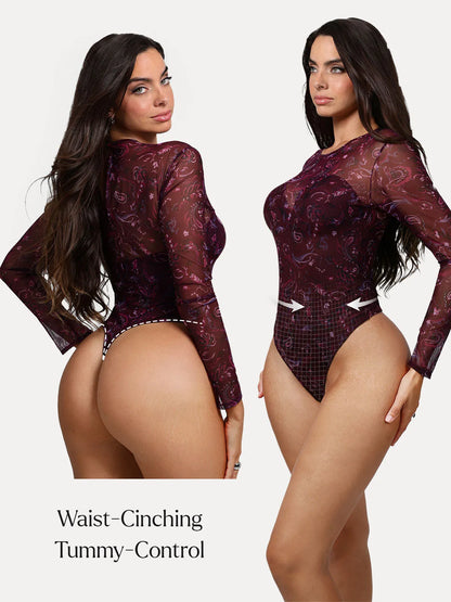 Shapewear Paisley Mesh Long Sleeve Sweetheart Bodysuit