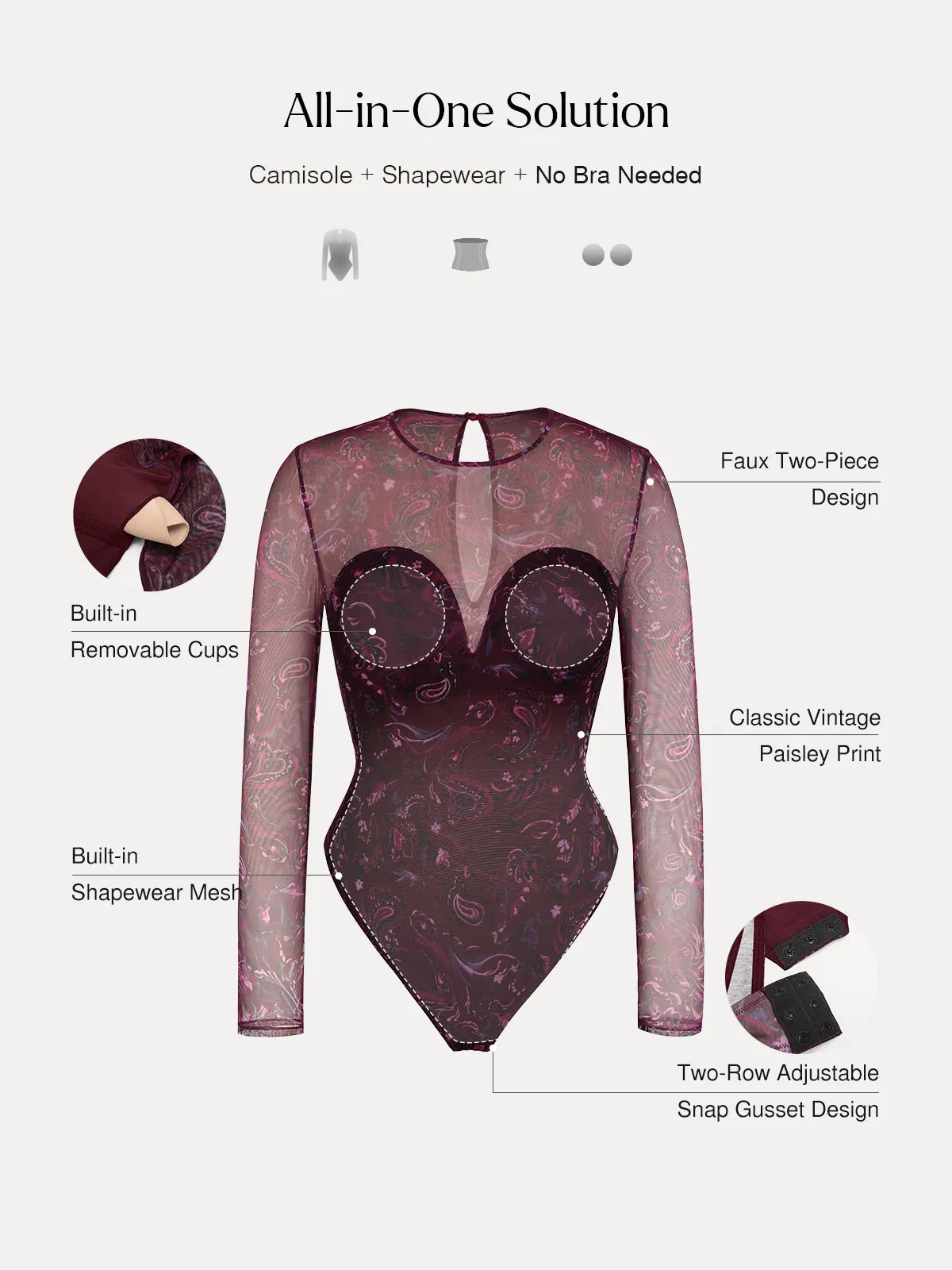 Shapewear Paisley Mesh Long Sleeve Sweetheart Bodysuit