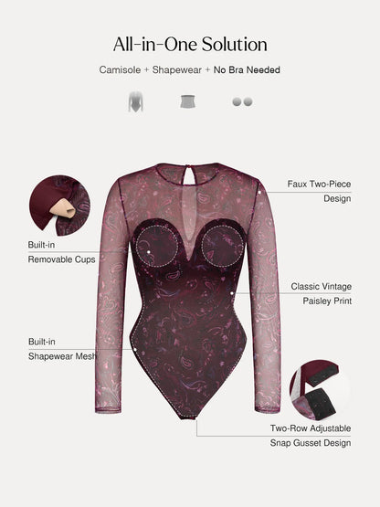 Shapewear Paisley Mesh Long Sleeve Sweetheart Bodysuit