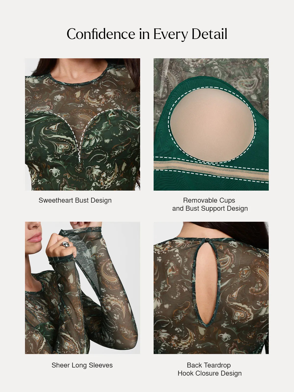 Shapewear Paisley Mesh Long Sleeve Sweetheart Bodysuit
