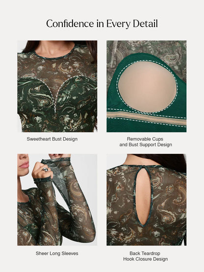 Shapewear Paisley Mesh Long Sleeve Sweetheart Bodysuit