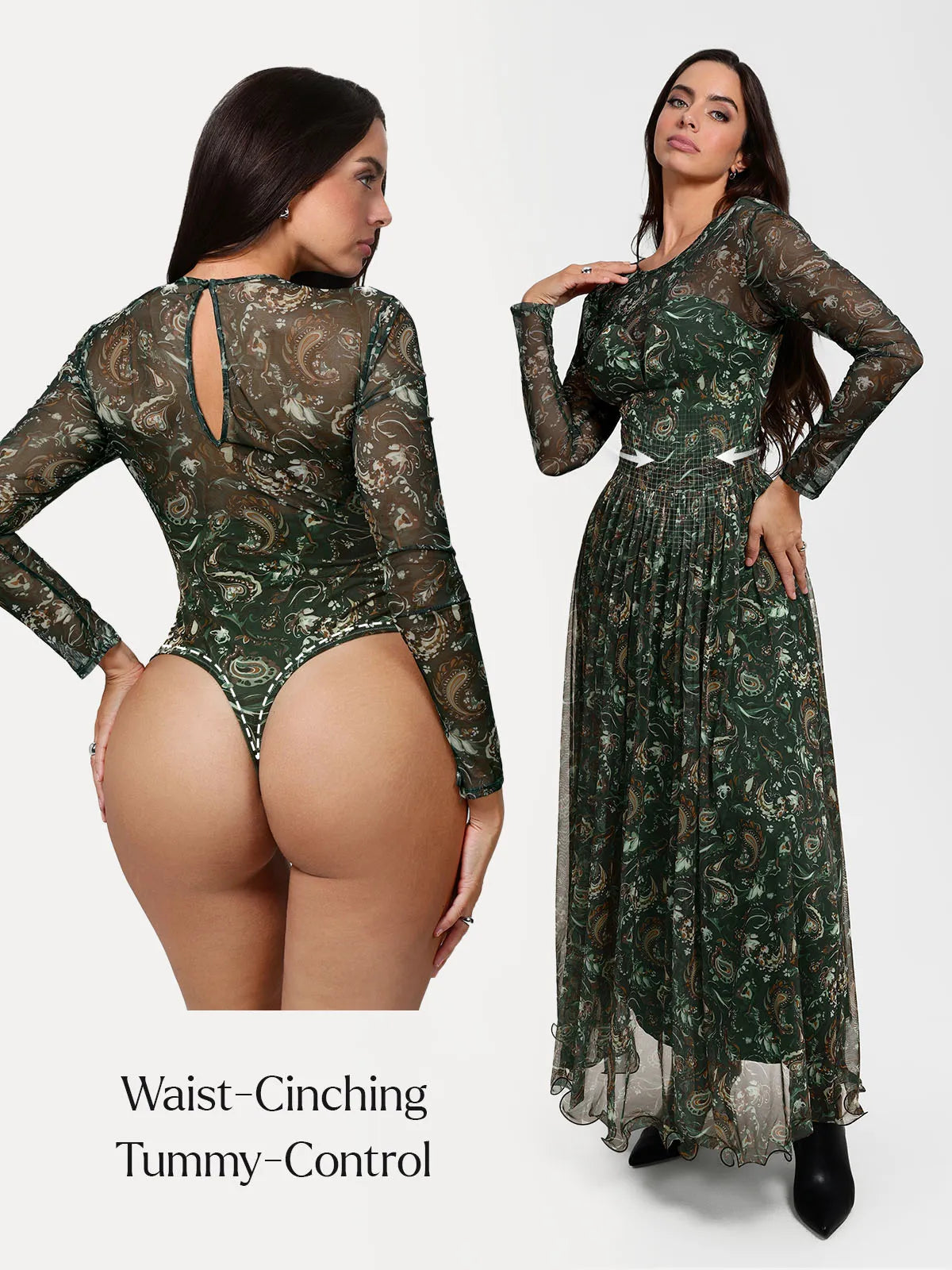 Shapewear Paisley Mesh Long Sleeve Sweetheart Bodysuit