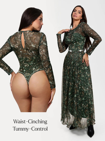 Shapewear Paisley Mesh Long Sleeve Sweetheart Bodysuit