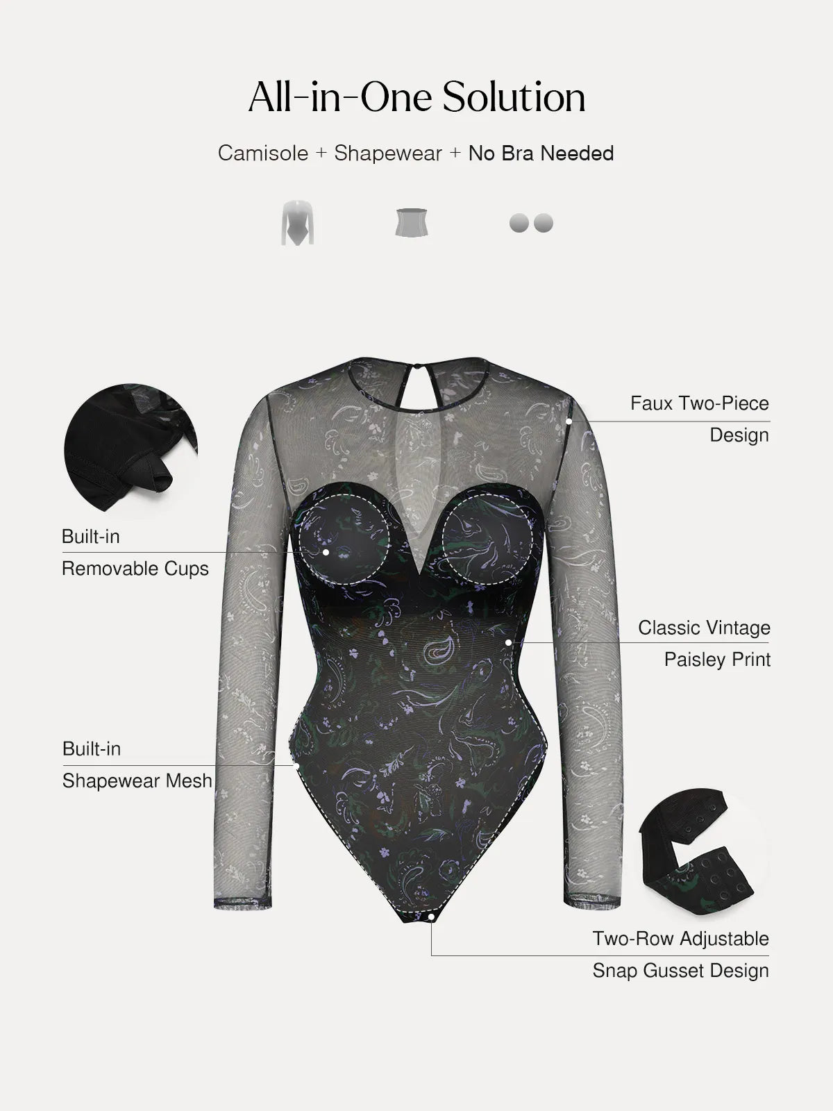 Shapewear Paisley Mesh Long Sleeve Sweetheart Bodysuit
