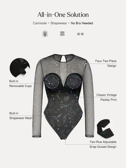 Shapewear Paisley Mesh Long Sleeve Sweetheart Bodysuit