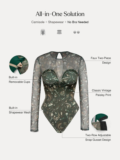 Shapewear Paisley Mesh Long Sleeve Sweetheart Bodysuit