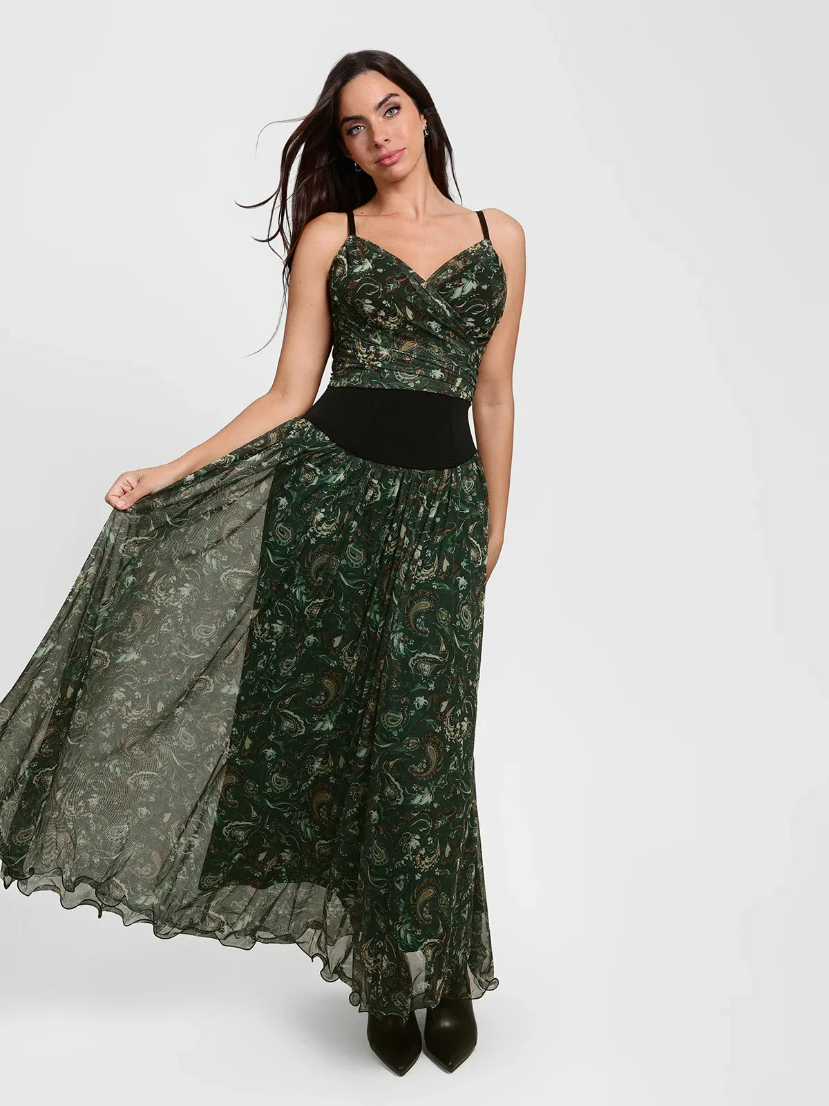 Paisley Sculpting Corset Top & High-Waist A-Line Maxi Skirt