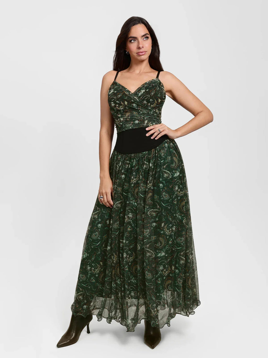 Paisley Sculpting Corset Top & High-Waist A-Line Maxi Skirt