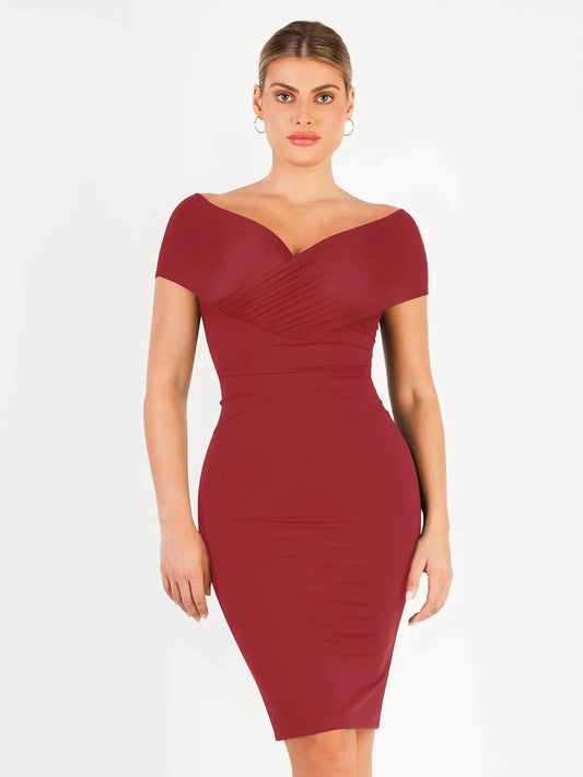 Shapewear Off-Shoulder Ruched Sculpting Midi Dress