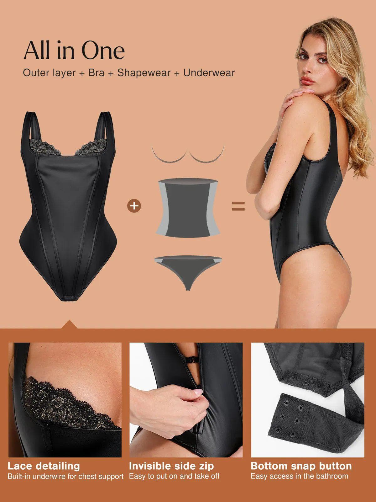 Shapewear Sculpting Faux Leather Lace Bodysuit Skirt Set
