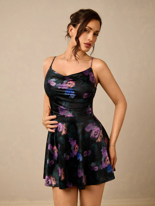 Shapewear Strappy Cowl Neck Tummy Control Flare Dress